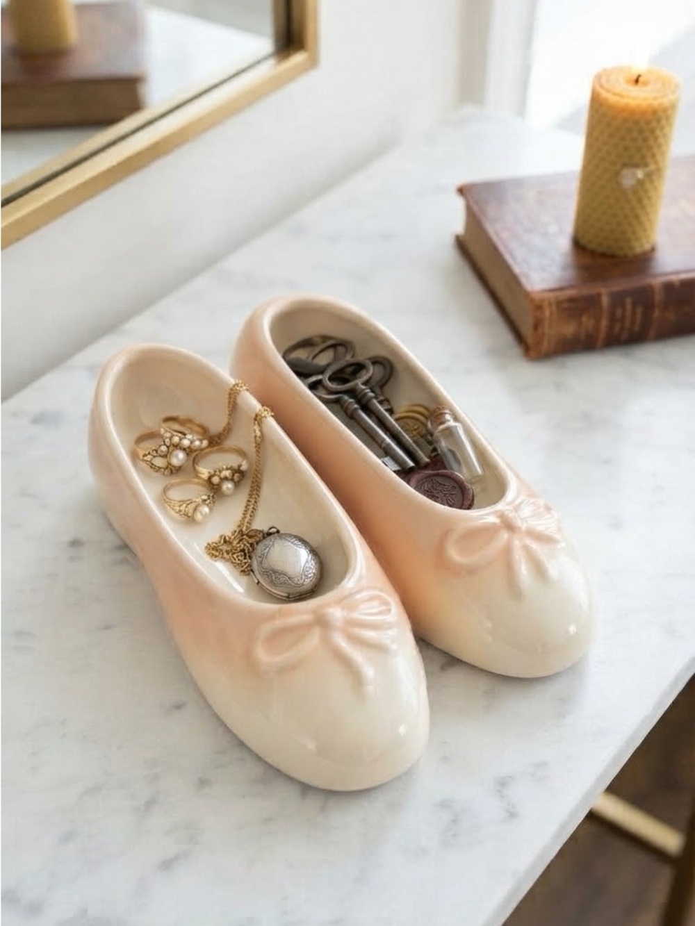 Ceramic Ballet Slipper Trinket Dish - Cream and Peach